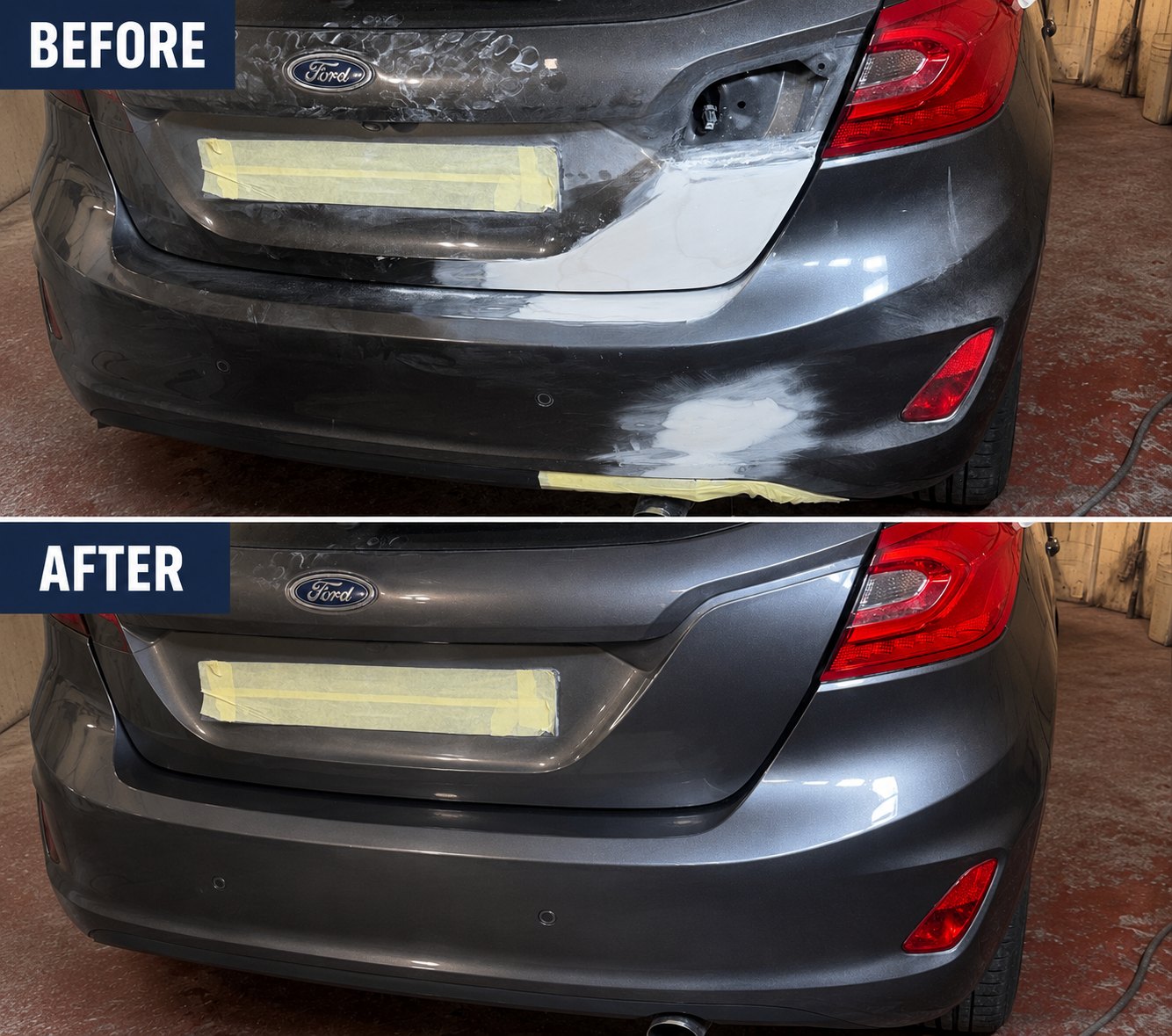 A grey Ford rear bumper, filled and sanded before paint, and finished after it