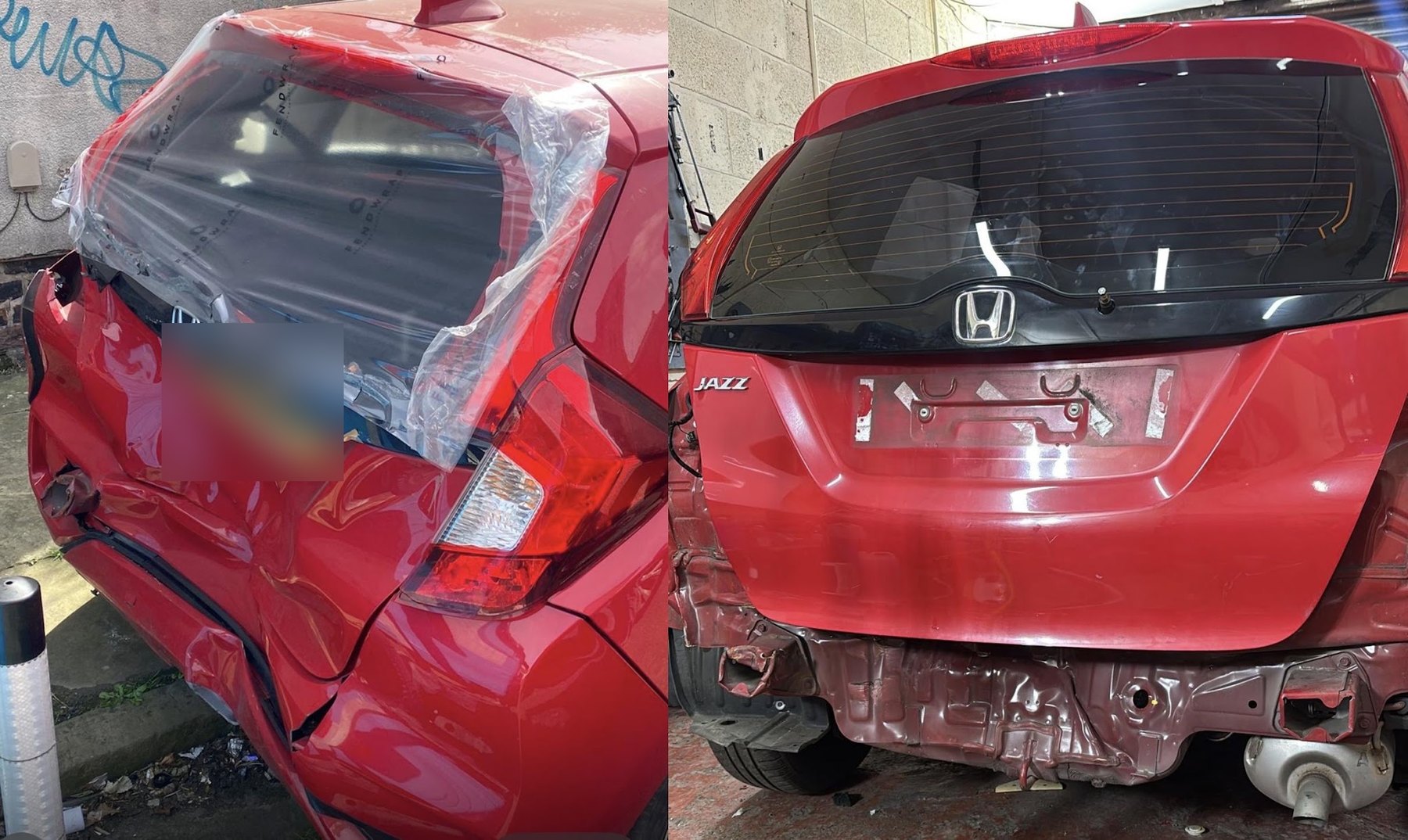 A red Honda Jazz with heavy rear-end damage, and the same car stripped back for repair