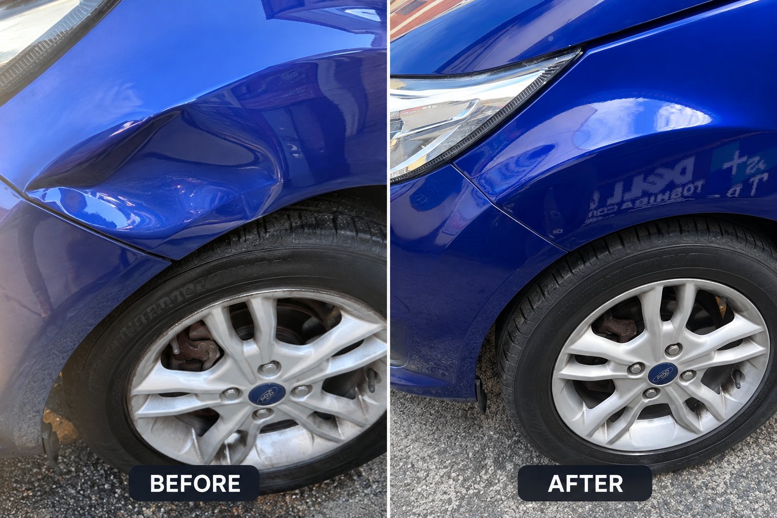 A blue Ford front wing, crumpled before the repair and smooth after it